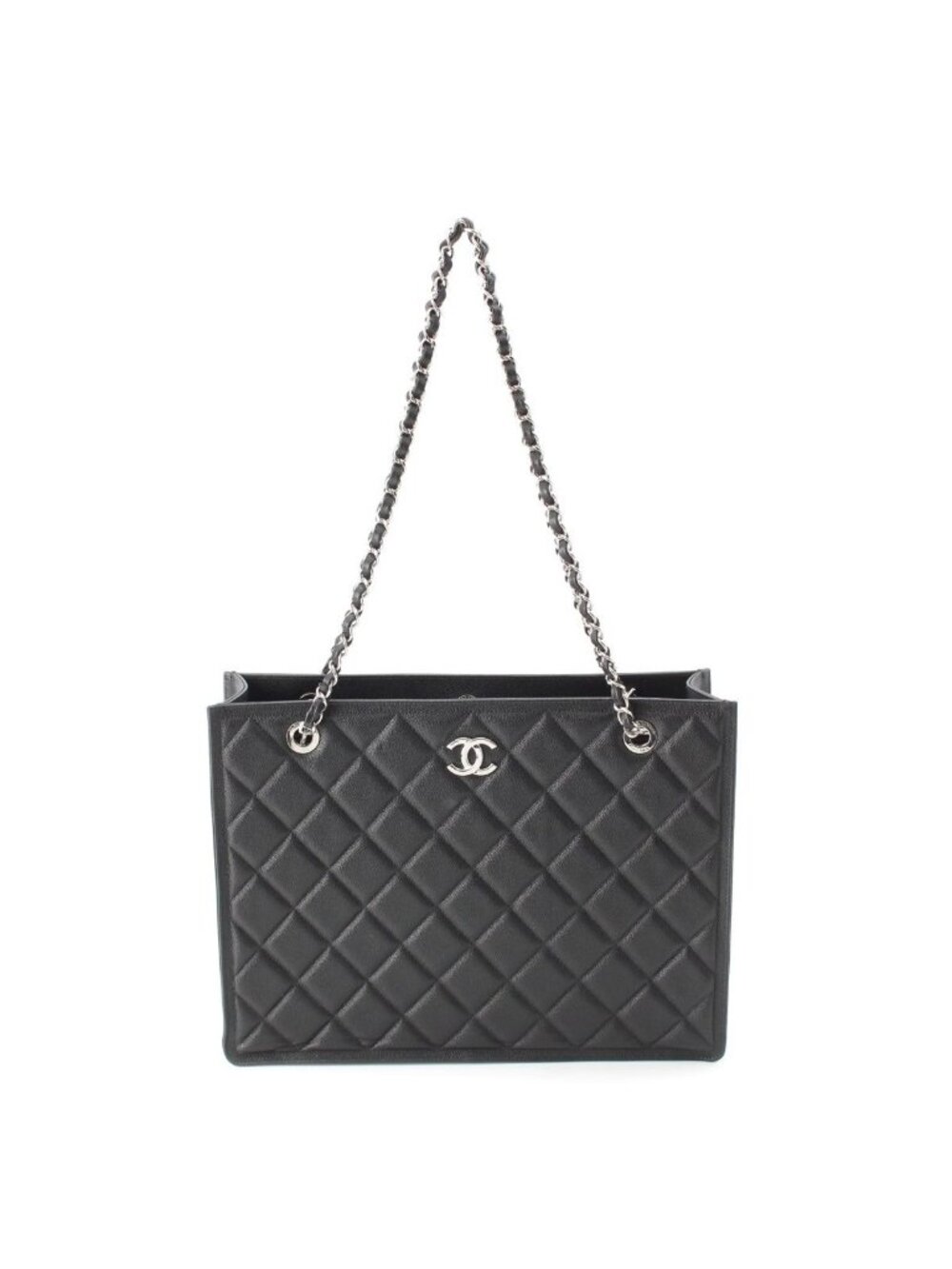Chanel 23k Caviar Leather Quilted CC Logo Chain Tote Black Silver